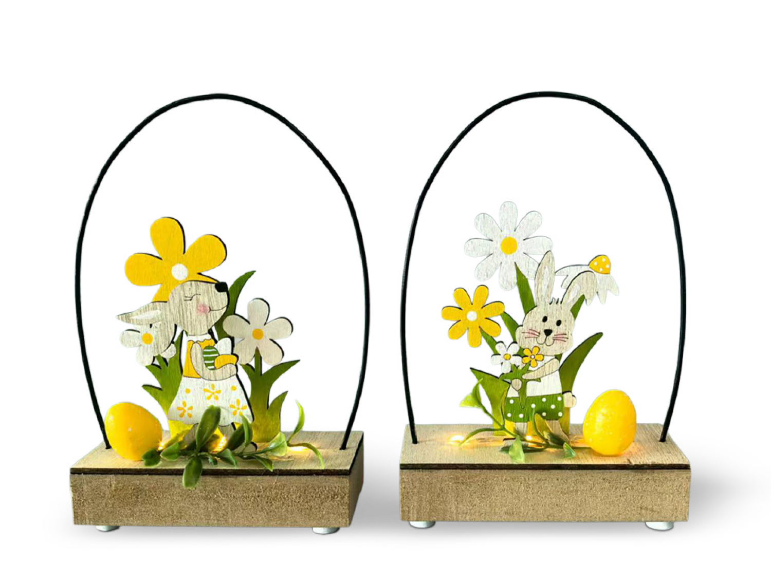 Metallei-Silhouette mit Holz Hasi und LED