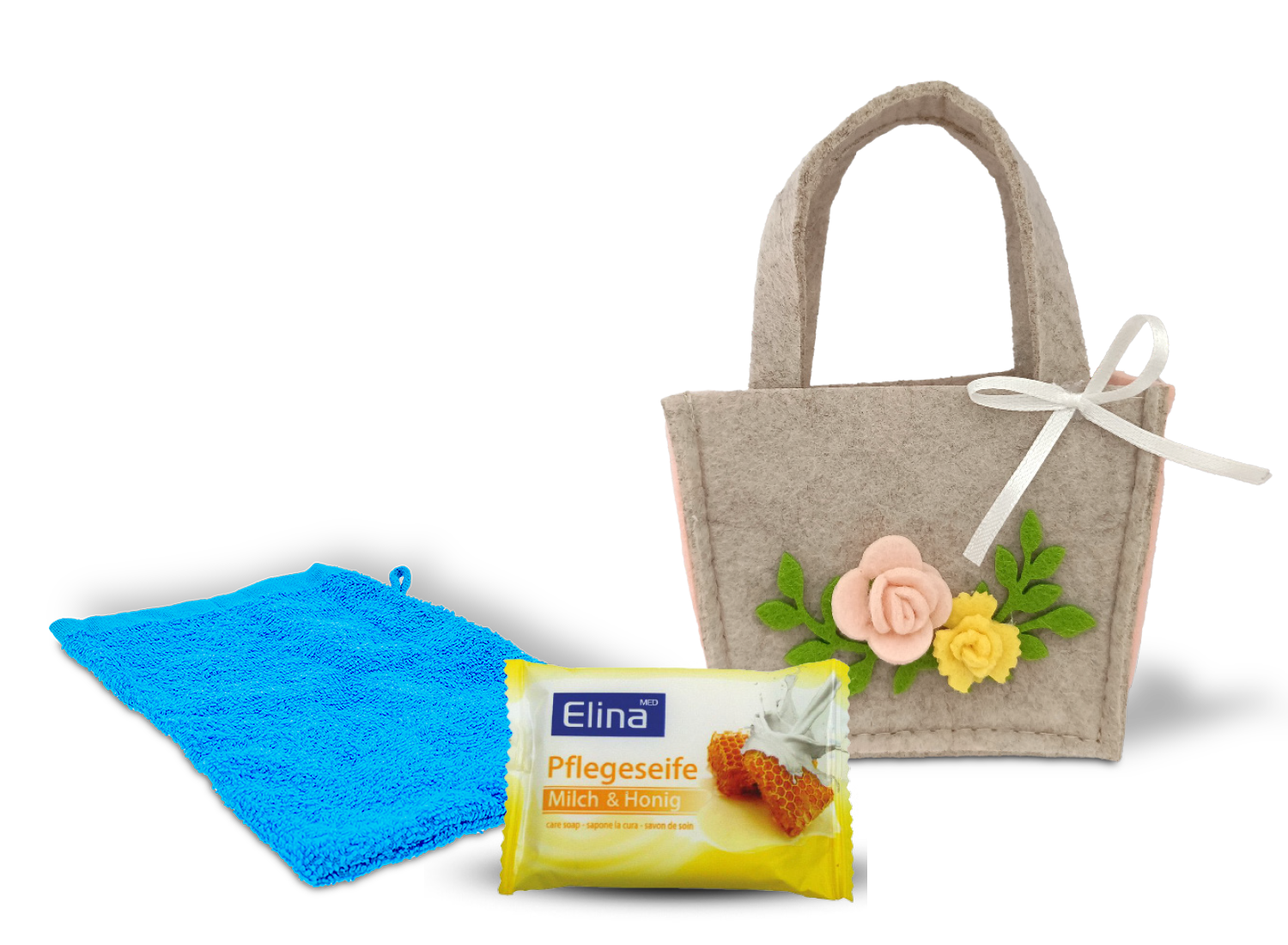 gefüllte Filztasche mit Blümchen mit Waschhandschuh blau